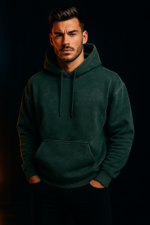 Confident man wearing a bottle green acid wash hoodie, representing trendy and relaxed streetwear style.