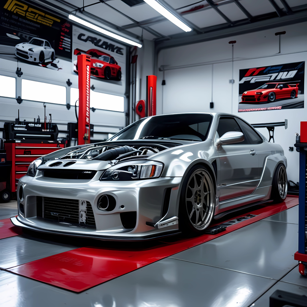 A sleek silver high-performance sports car with an exposed engine sits inside a clean, modern garage. The car has a wide body kit, large custom wheels, and an aerodynamic rear spoiler. The workshop features red toolboxes, car posters, and a hydraulic lift, creating a professional and organized space for performance upgrades and tuning. Bright overhead lights illuminate the scene, highlighting the car's polished metallic finish.