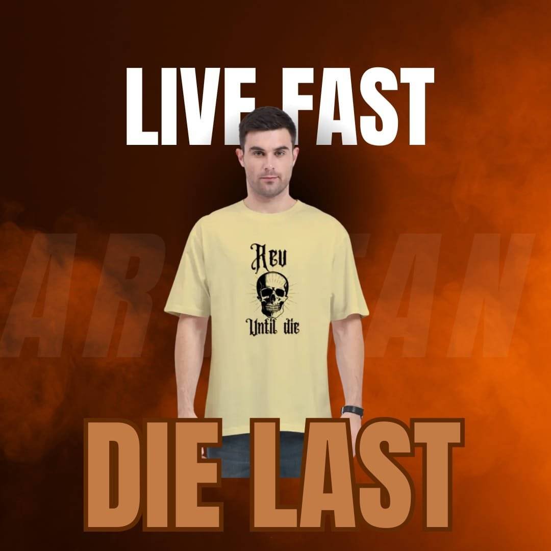 Arvitan beige t-shirt with a striking 'Live Fast, Die Last' graphic for speed and adrenaline lovers.