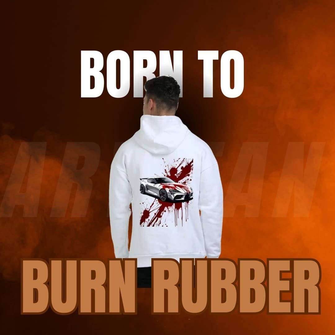 Arvitan white hoodie with an intense 'Born to Burn Rubber' design for true car lovers who crave speed.