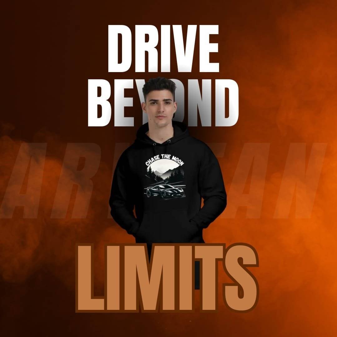 Arvitan black hoodie showcasing the powerful 'Drive Beyond Limits' design for fearless car enthusiasts.