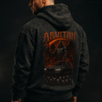 Man wearing Black hoodie with fiery Grim Reaper and sports car graphic, 'ARVITAN' branding on back, dark aesthetic streetwear design