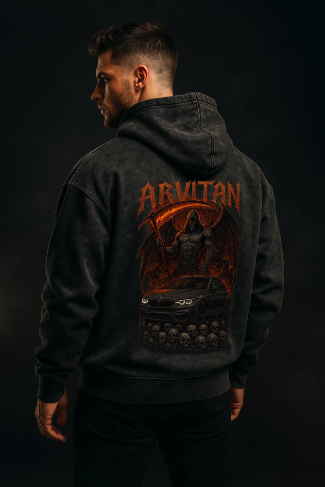 Man wearing Black hoodie with fiery Grim Reaper and sports car graphic, 'ARVITAN' branding on back, dark aesthetic streetwear design