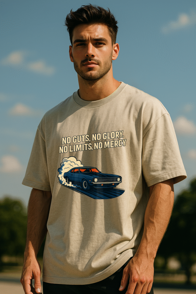 Man wearing an off-white oversized t-shirt featuring a vintage muscle car burnout graphic and the bold quote “No Guts, No Glory. No Limits, No Mercy” printed on the front, standing outdoors under a clear blue sky.